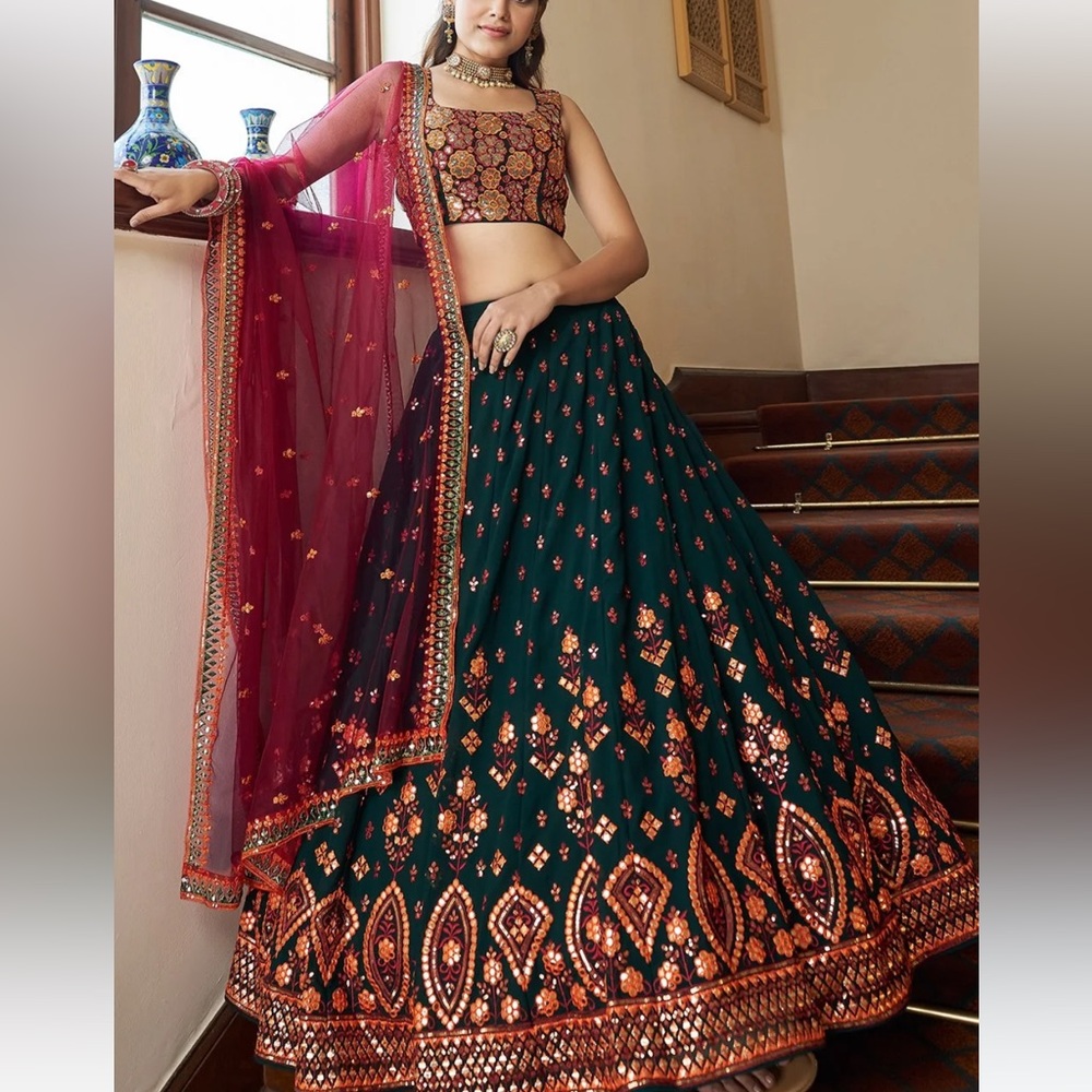 Dark green, pink and orange lehenga